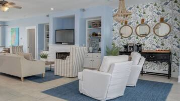 Flat-screen TV, fireplace, offices