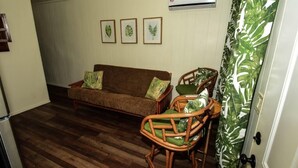 A living room with a brown sofa, green cushions, a wooden chair, and a wall-mounted air conditioner. - Lake Texoma Lakefront Cabin - Texoma Breeze (Mead)