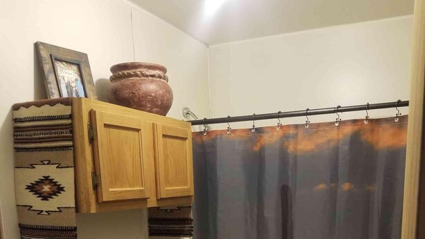 A bathroom with a white toilet, wooden cabinets, a beige sink, and a shower curtain depicting a desert landscape.