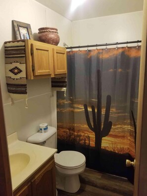 Une salle de bain avec des toilettes blanches, des meubles en bois, un lavabo beige et un rideau de douche représentant un paysage désertique.