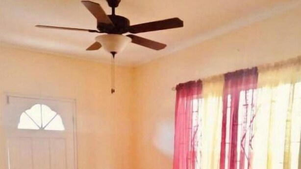 A room with a ceiling fan, two armchairs, a door with a window, and a window with curtains. - Very clean 2-bedroom Apt. in St. Georges, Grenada (Saint George's)