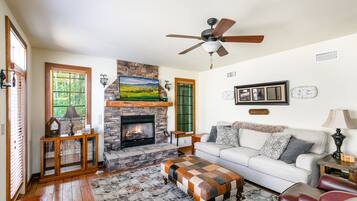 TV connectée, cheminée, livres