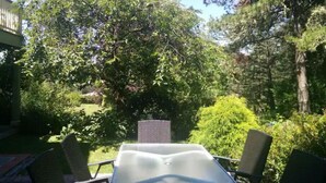 Une terrasse extérieure avec une table et des chaises, entourée d’une végétation luxuriante et d’arbres.