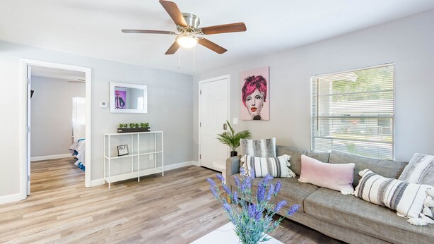 A living room with a wooden floor, a ceiling fan, a sofa with cushions, a white coffee table, and a wall-mounted shelf with plants. - Sleeps 4 Hot Tub Fenced INN  (Tampa)