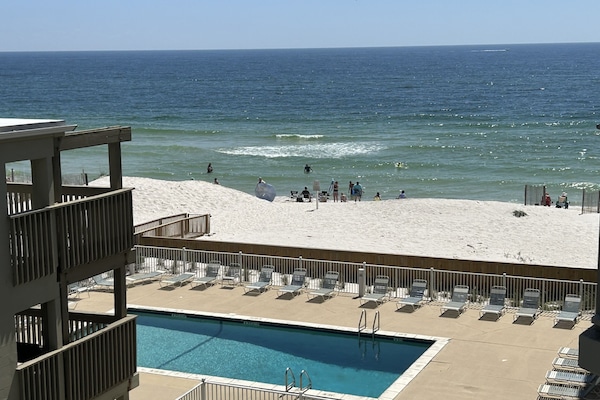 View from the deck of the pool and beach