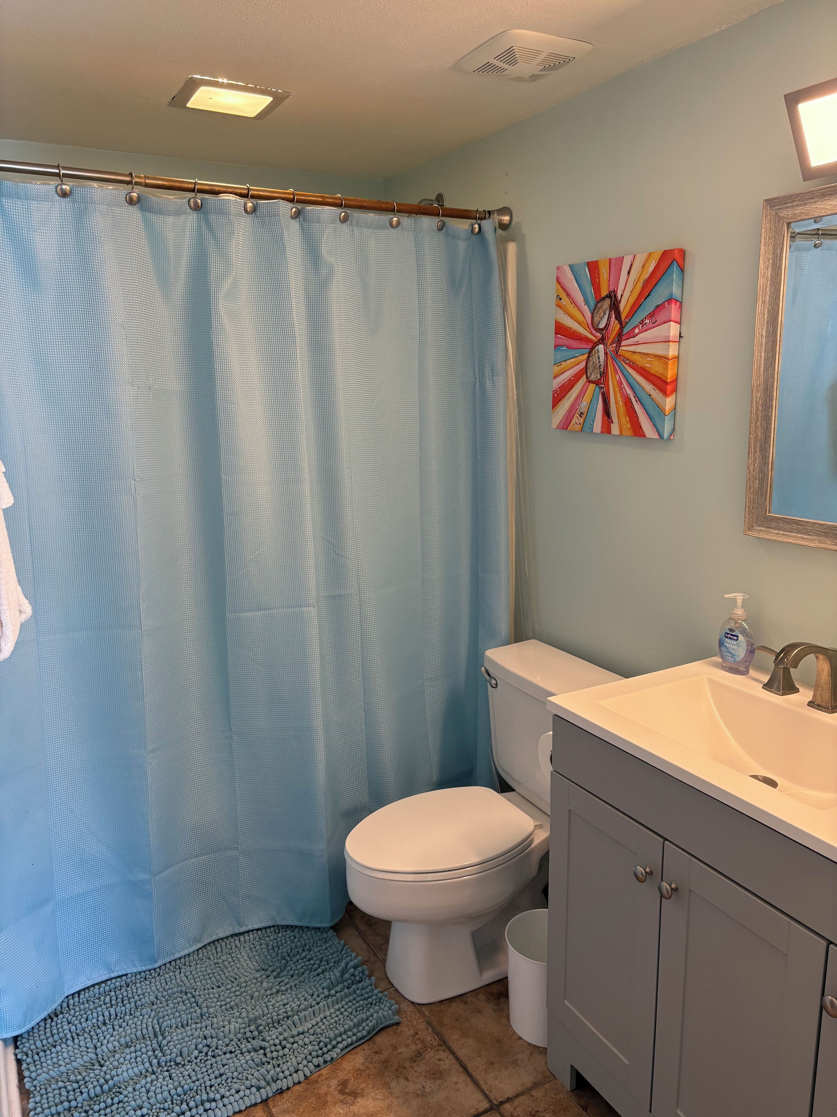 A bathroom with a shower curtain, toilet, sink, and a decorative mirror.