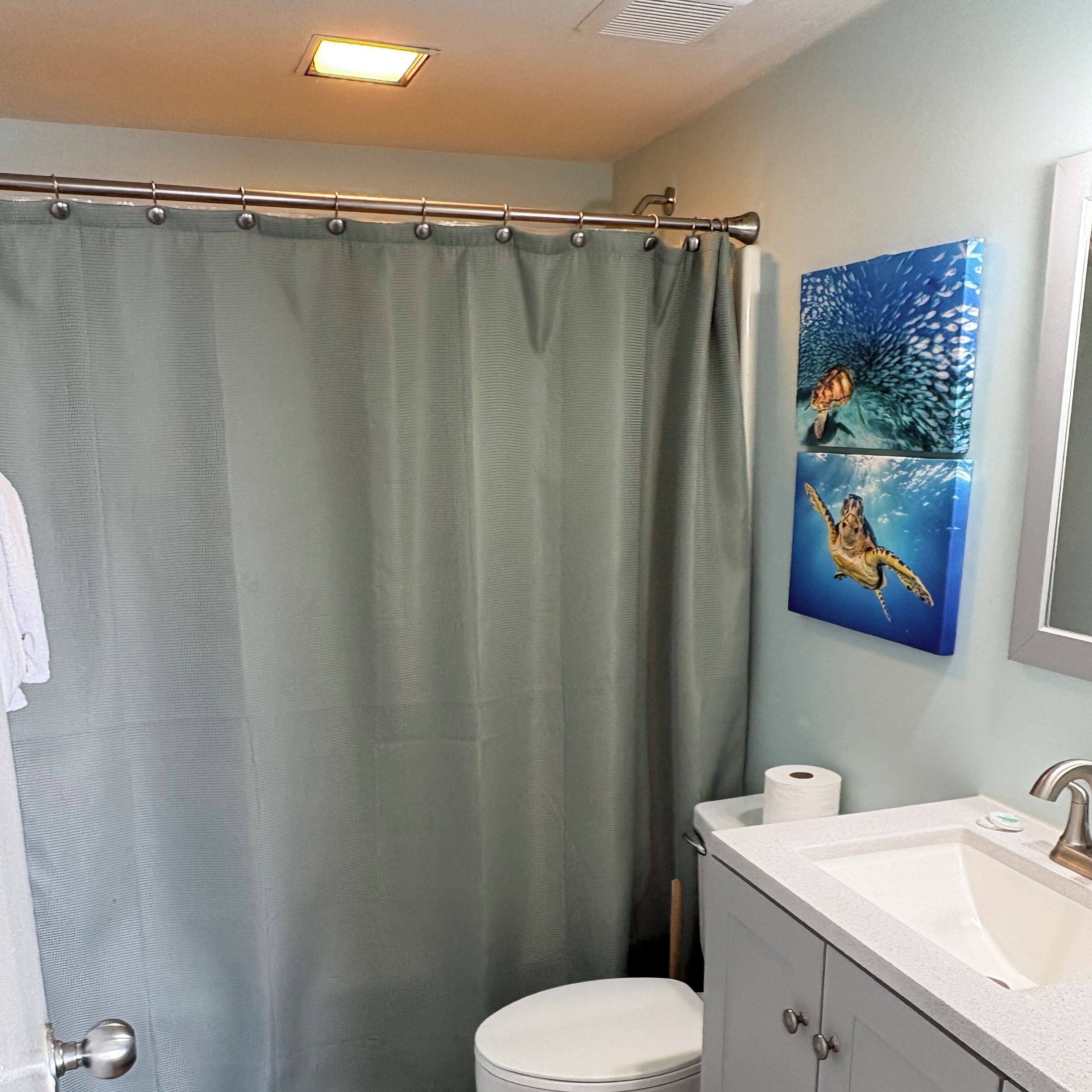 A bathroom with a shower curtain, toilet, sink, and a painting of a sea creature.