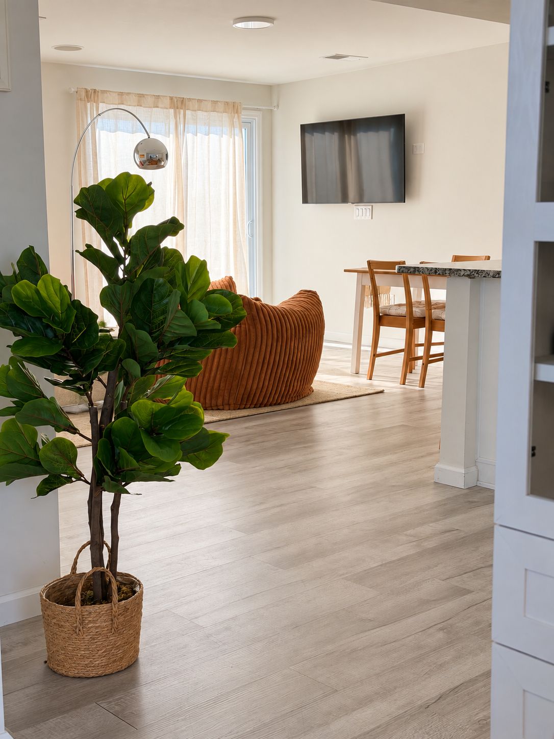 Una sala de estar moderna con piso de madera, una planta grande en maceta, un sofá y un televisor de pantalla plana montado en la pared.