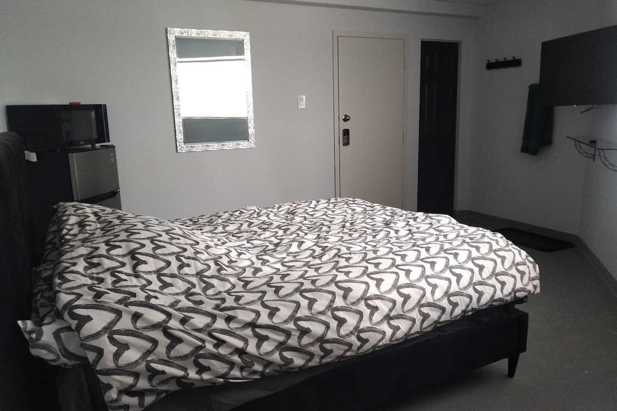 Une chambre à coucher avec un lit, une armoire, un miroir et un téléviseur.