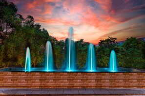 Una fuente con múltiples chorros de agua frente a un fondo de árboles y un cielo al atardecer.