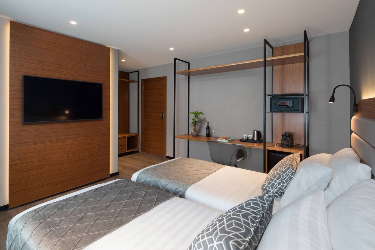 A modern hotel room with two beds, a TV mounted on the wall, a desk with a chair, and a shelf with a plant and a coffee machine.