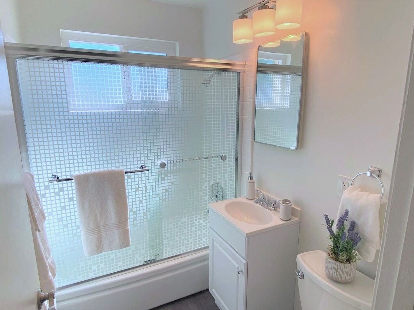 Hair dryer, towels, soap, shampoo