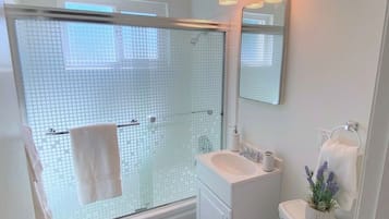 Hair dryer, towels, soap, shampoo