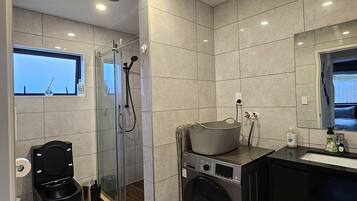 Shower, eco-friendly toiletries, hair dryer, towels