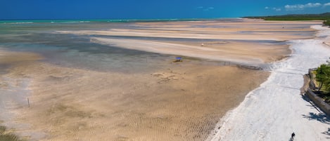 Ein Strand mit blauem Himmel, sandigem Ufer und einigen Personen.