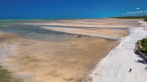 A beach with a clear sky, a sandy shore, and a few people.