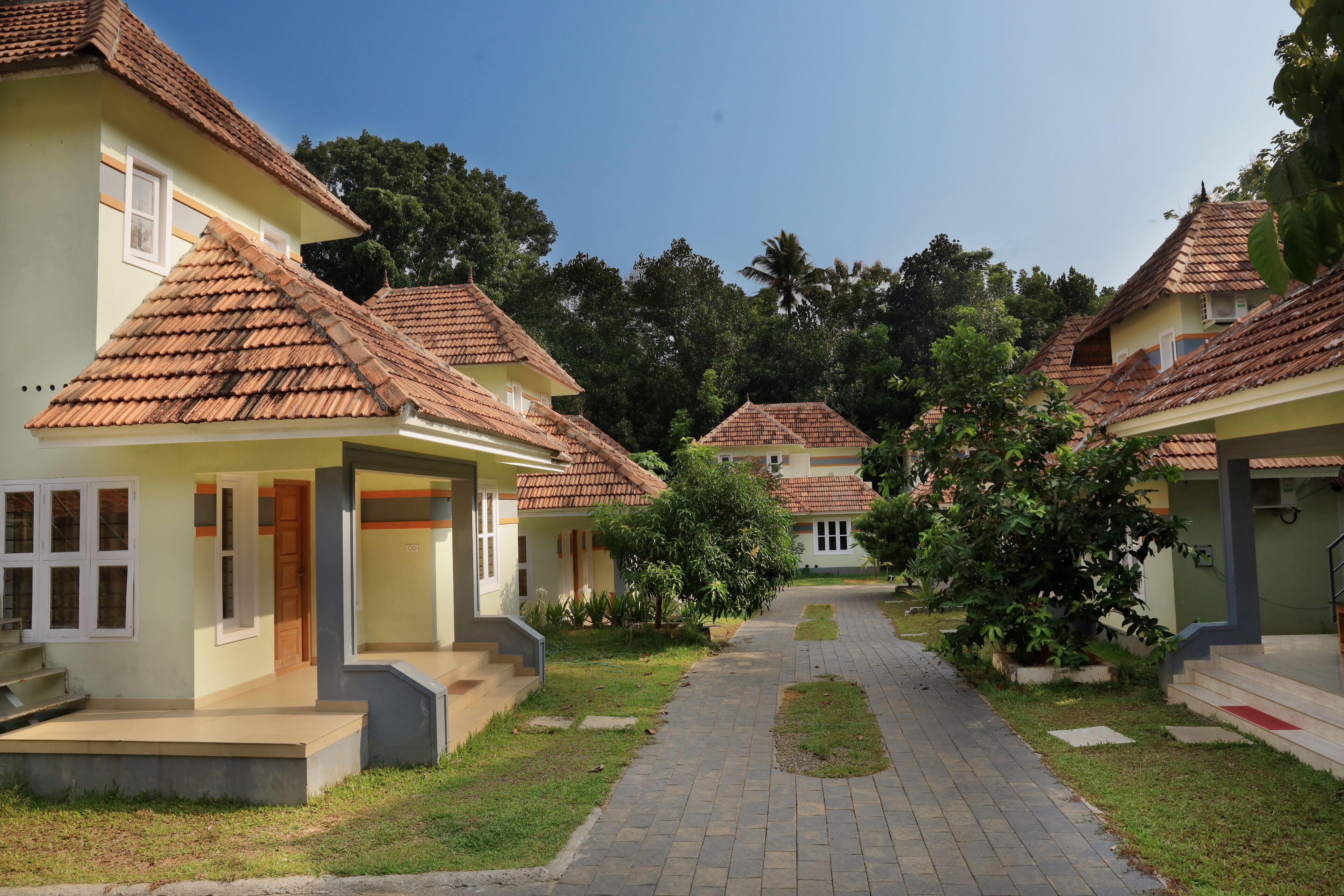 A pathway leading to a row of houses with tiled roofs, surrounded by greenery.