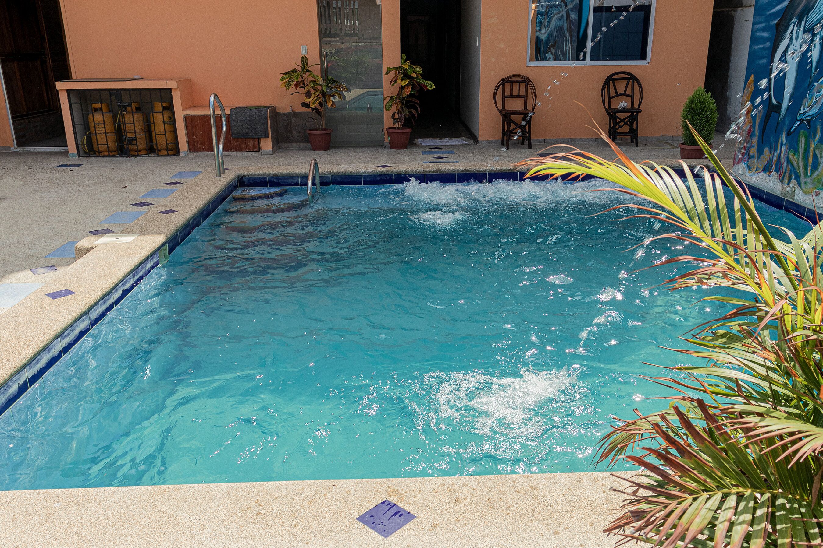 A rectangular pool with clear blue water, surrounded by a tiled deck and potted plants.