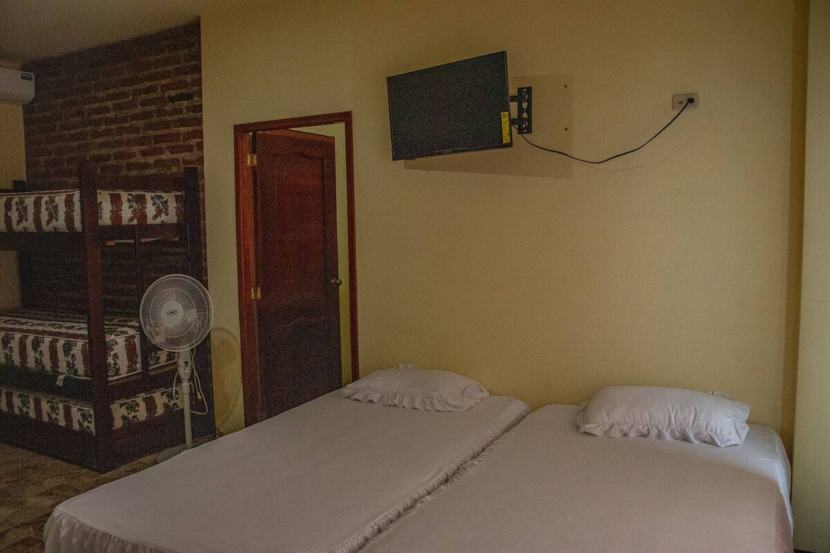 A room with two beds, a fan, a brick wall, and a door.
