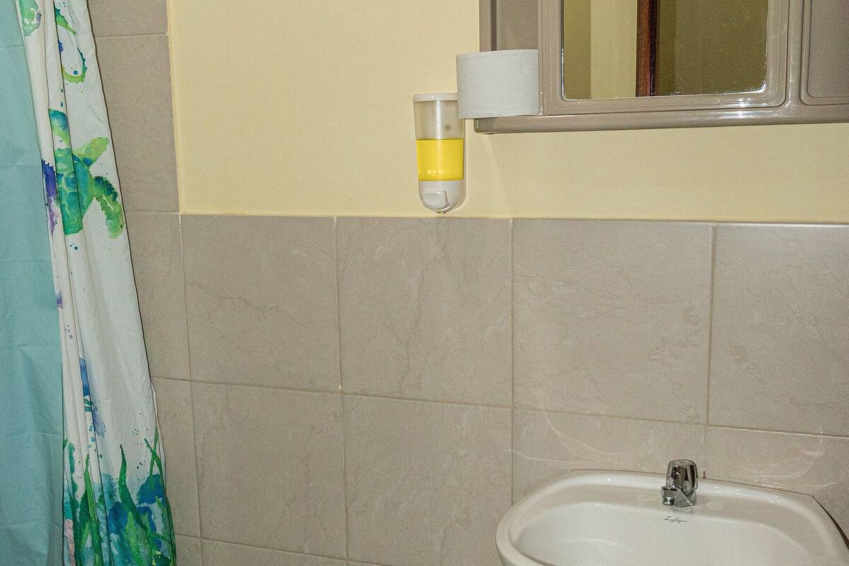 A bathroom with a shower curtain, a sink, a toilet, and a mirror.