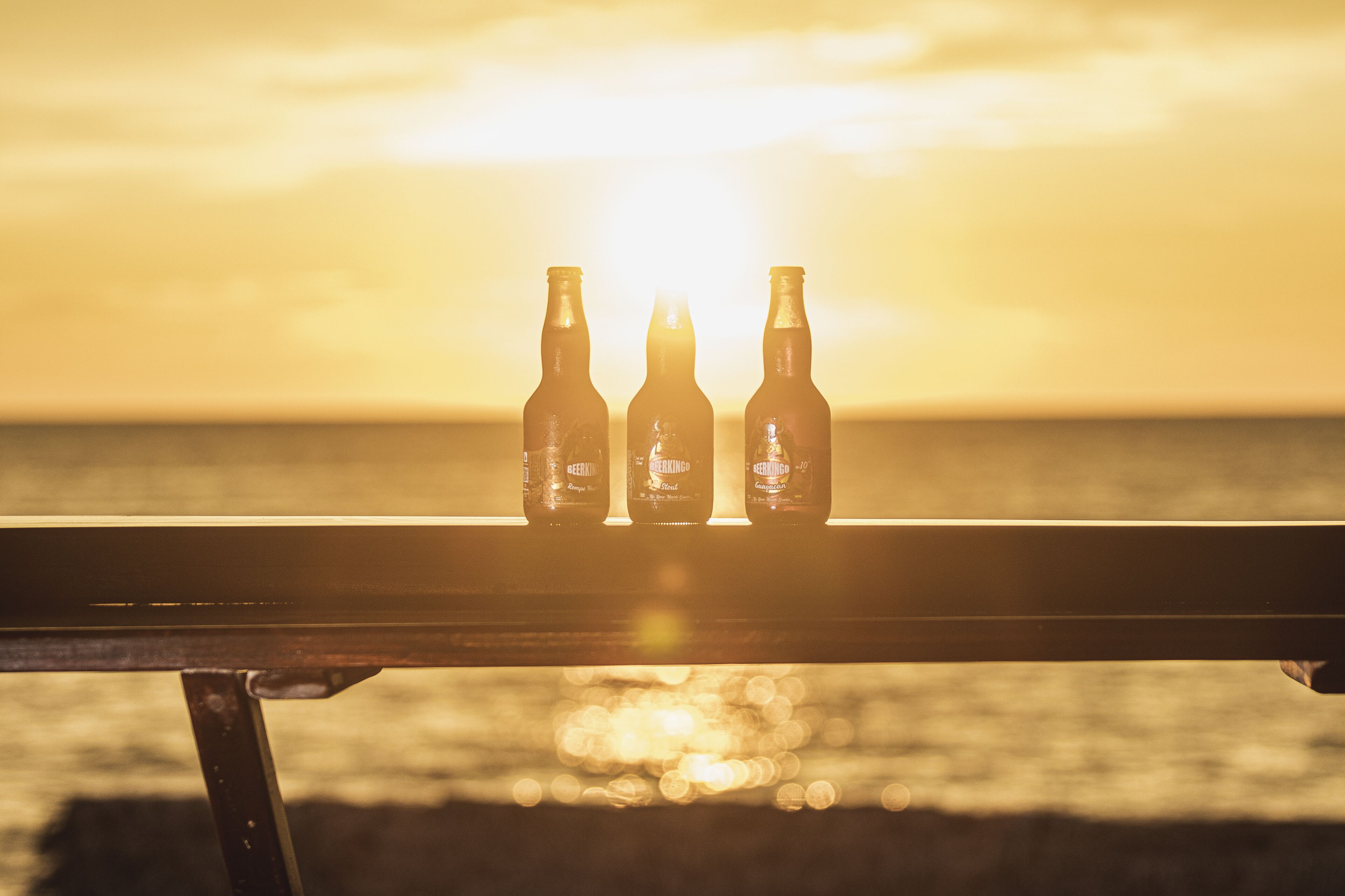 Three bottles on a railing with a sunset in the background.