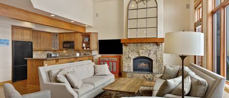 Smart TV, fireplace, books