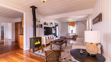 Una Smart TV, una chimenea, libros