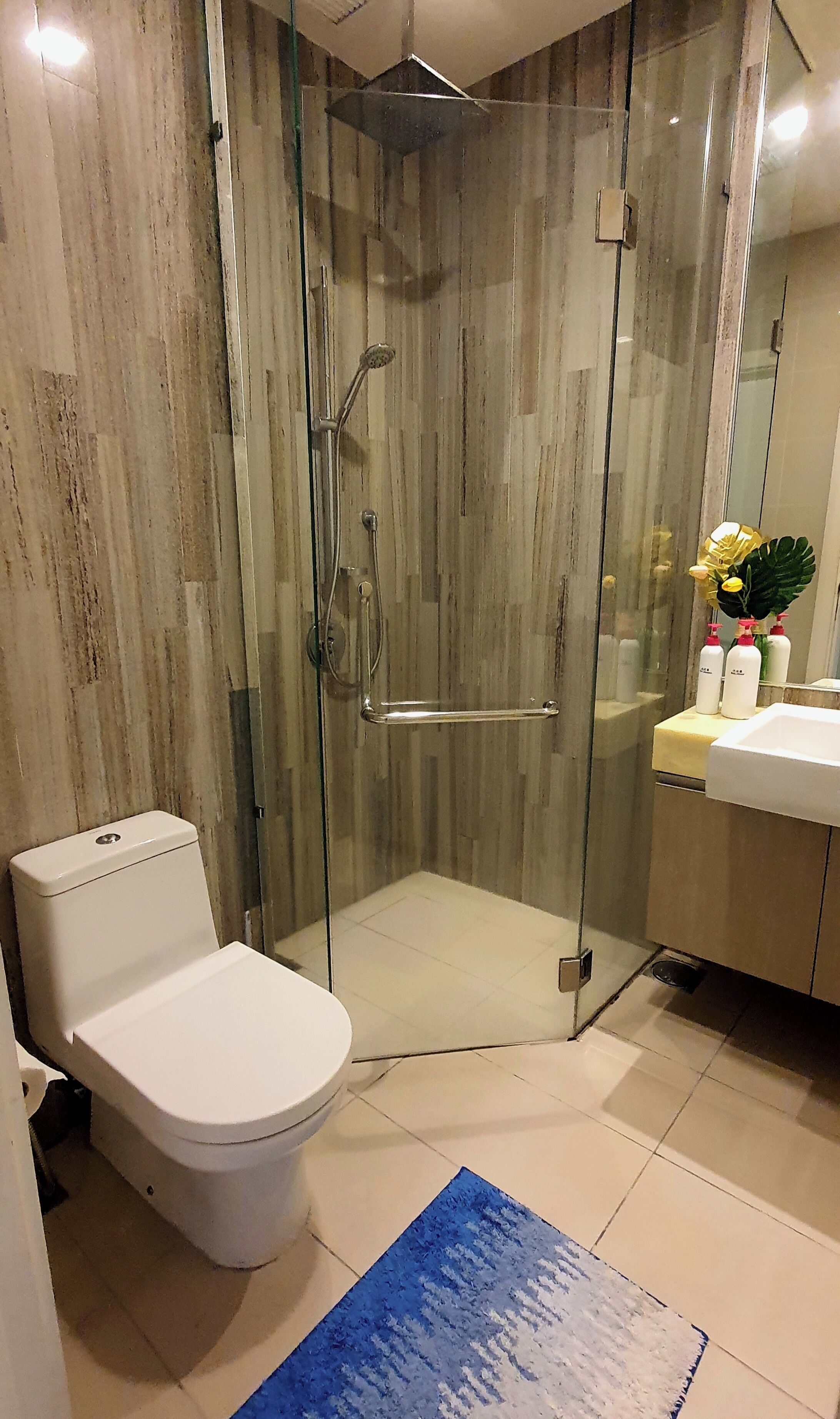 A modern bathroom with a glass-enclosed shower, a white toilet, and a sink with toiletries.