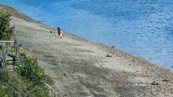 On the beach, sun loungers, beach towels