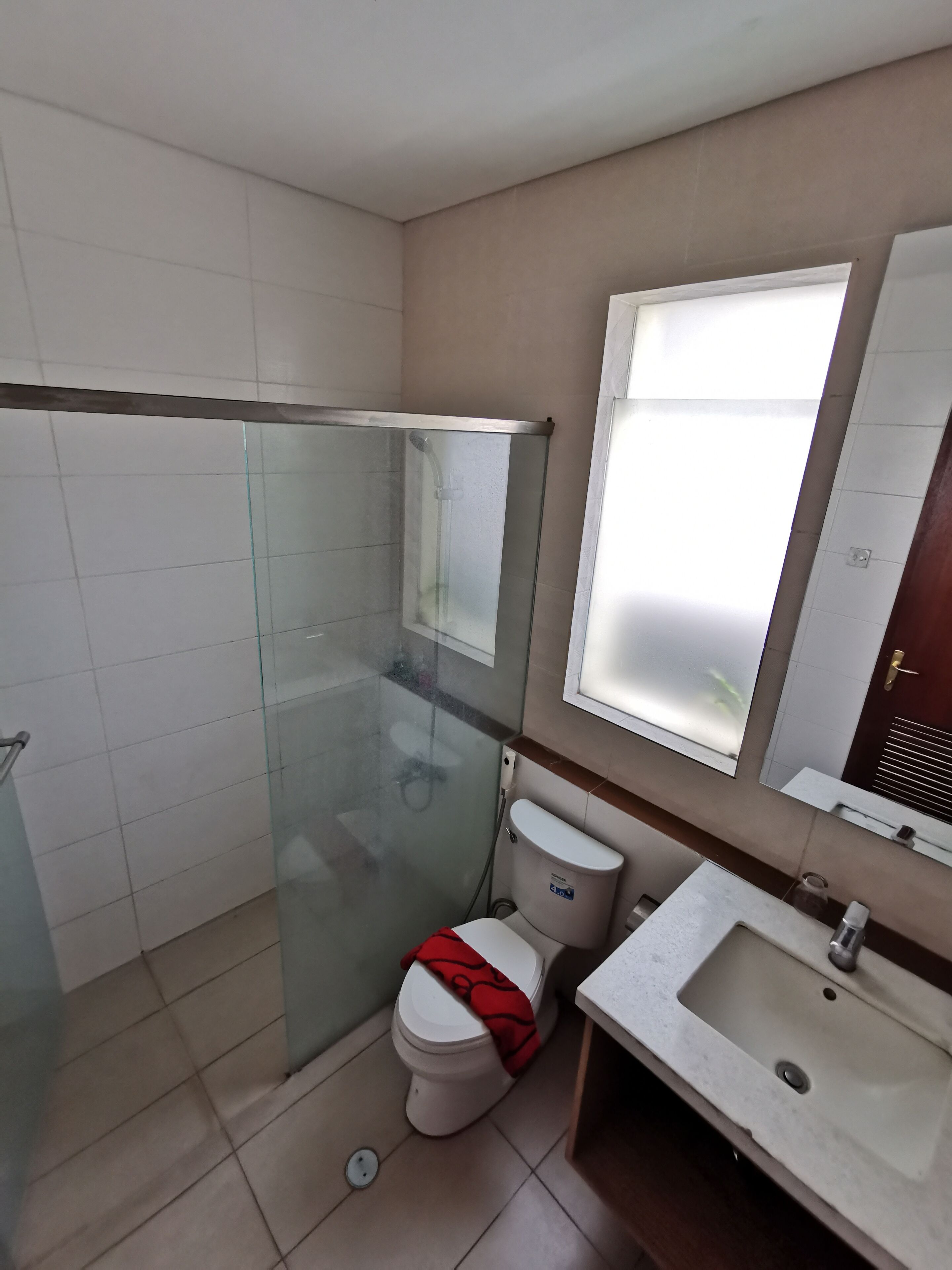 A bathroom with a glass shower enclosure, a toilet with a red cloth, a sink, and a mirror.