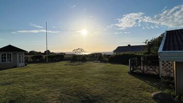 A grassy backyard with a house, a wooden fence, and a clear sky.