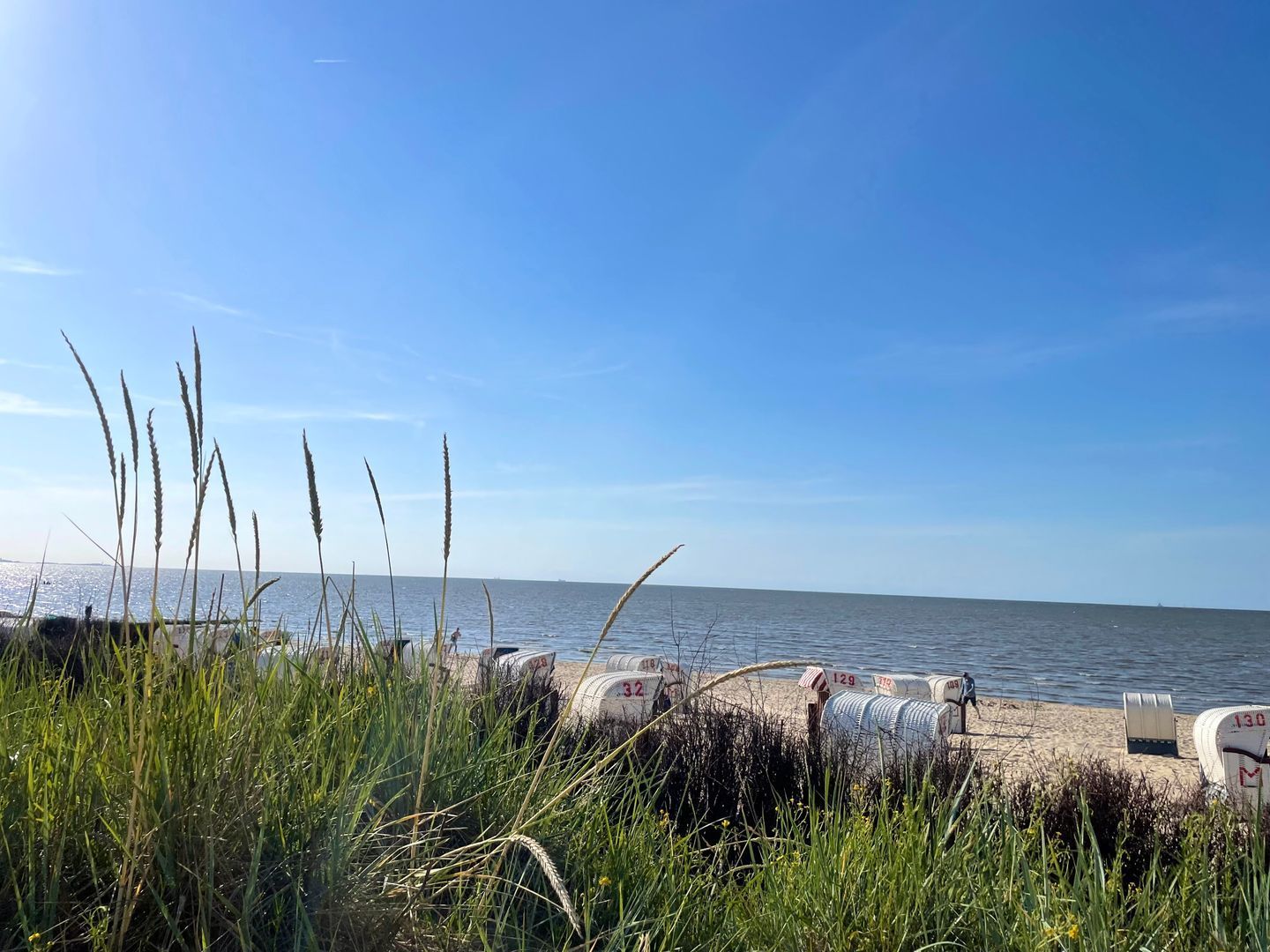Ein Strand mit einer Reihe von Briefkästen und blauem Himmel.