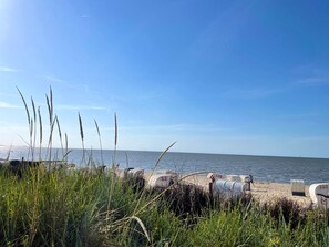 Une plage bordée d’une rangée de boîtes aux lettres, sous un ciel dégagé.
