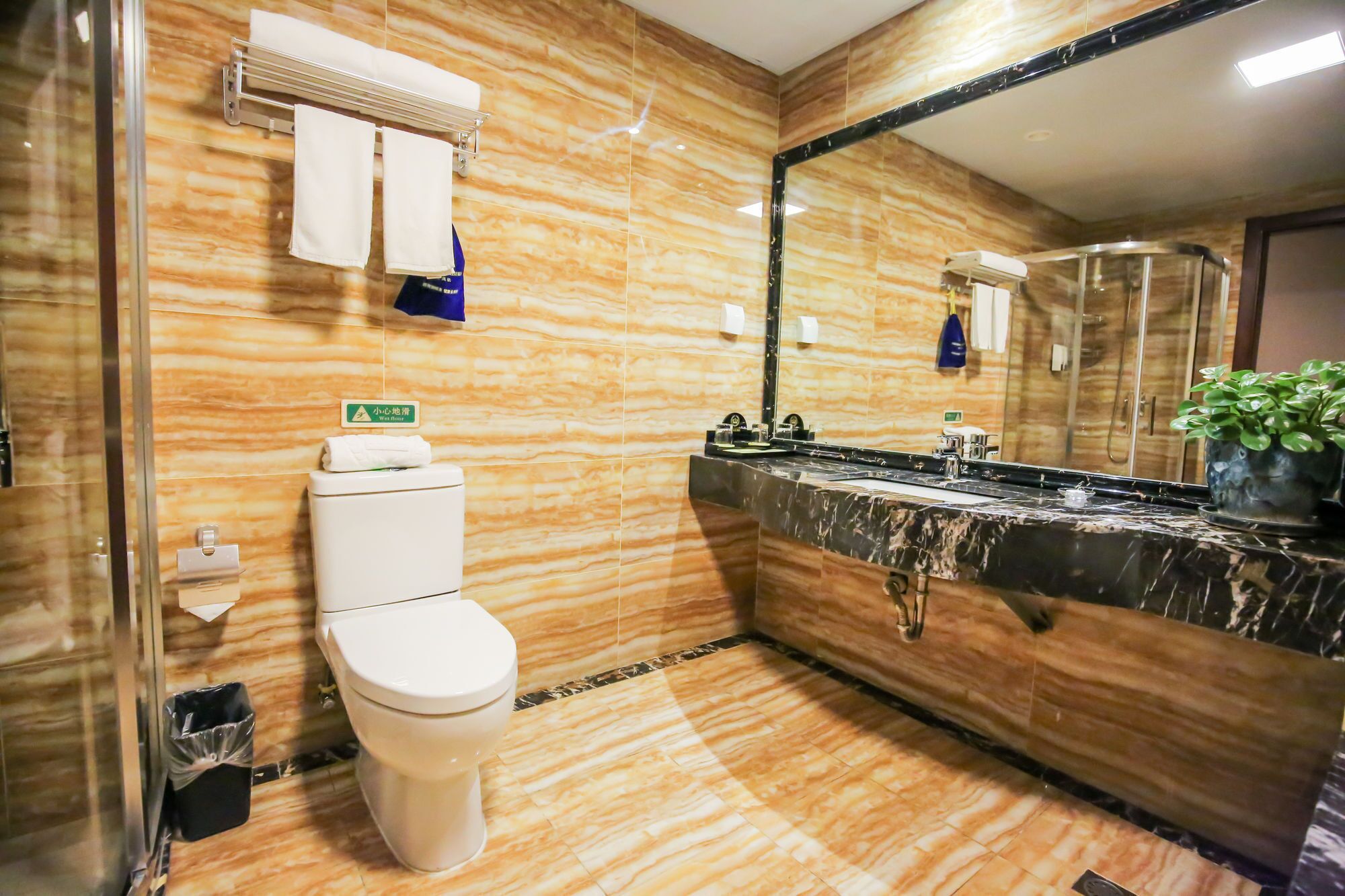 A bathroom with a toilet, a sink with a large mirror, and a shower area.