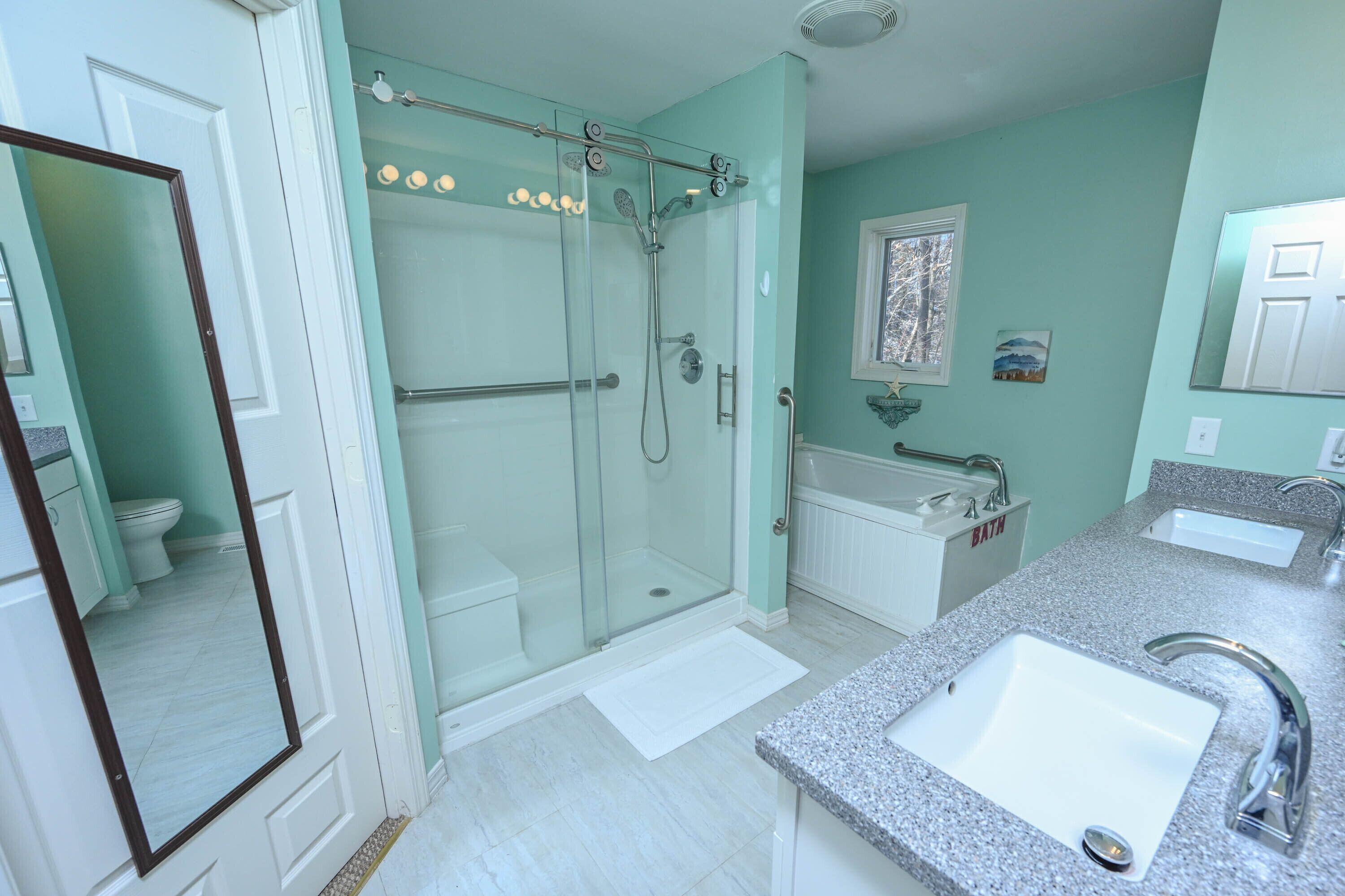 Shower, jetted tub, hair dryer, towels