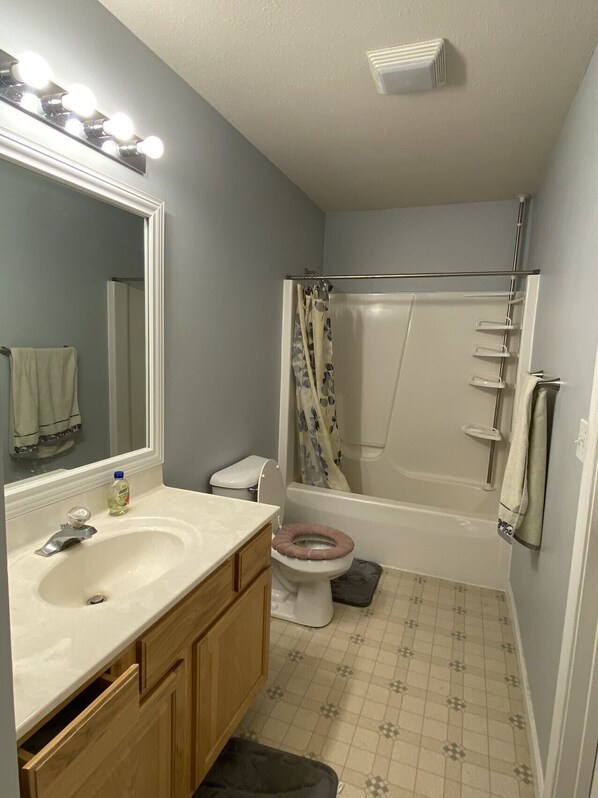 Hair dryer, towels, shampoo