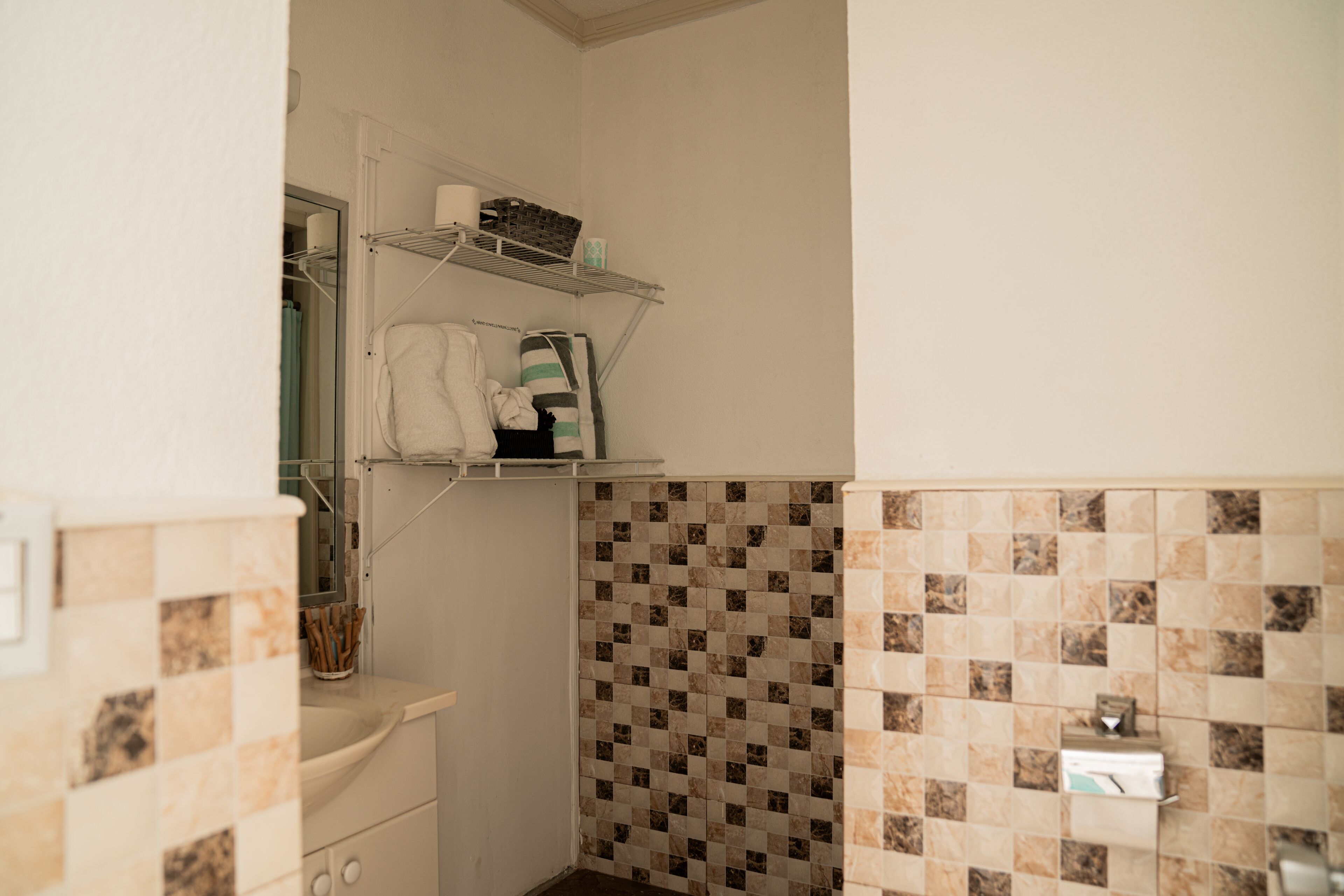 A bathroom with a tiled wall, a toilet, a sink, and shelves with toiletries.