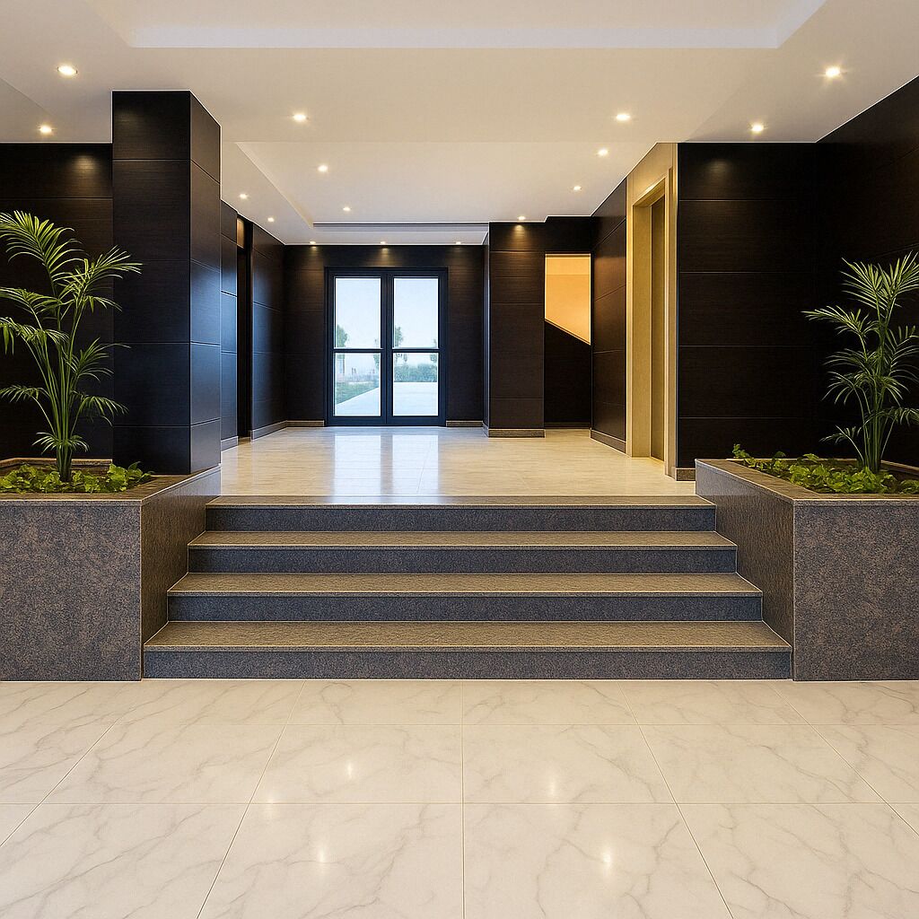 Un interior moderno con una escalera que conduce a una entrada de puerta de vidrio, paredes oscuras y plantas en macetas.