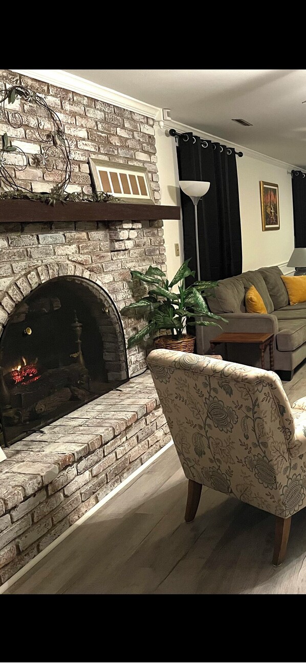 Smart TV, fireplace, books