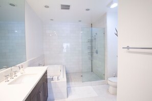Hair dryer, towels, soap, shampoo