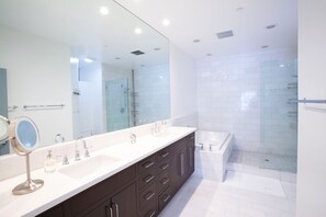Hair dryer, towels, soap, shampoo