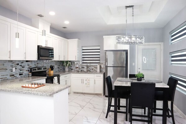 Fridge, microwave, oven, stovetop