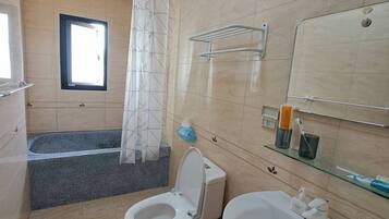A modern bathroom with a toilet, bidet, sink, and a shower area.