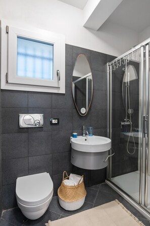 Bathtub, hair dryer, bidet, towels
