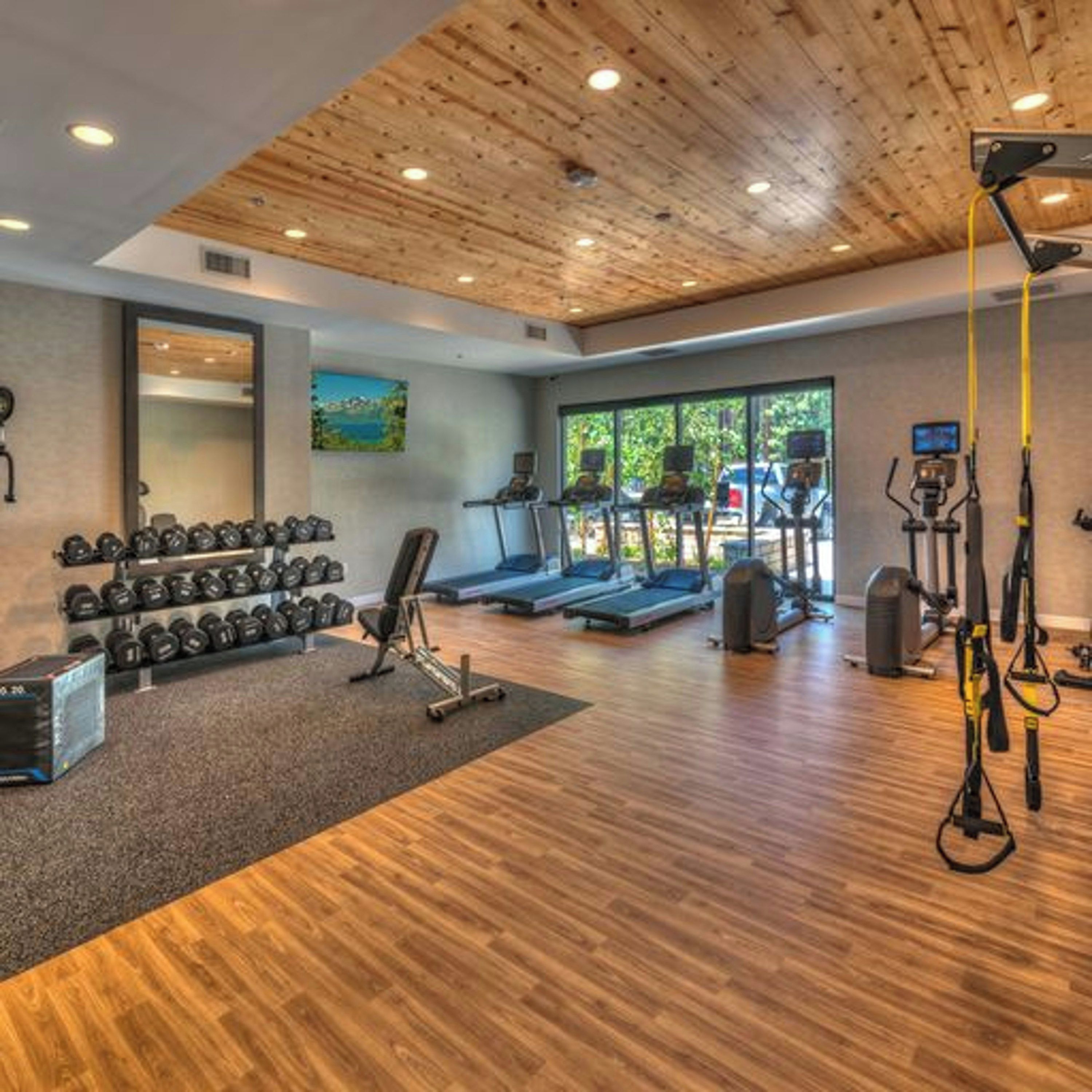 A gym with treadmills, weights, and a pull-up bar area.
