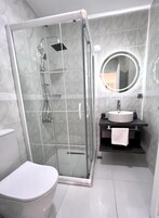 Shower, rainfall showerhead, hair dryer, bathrobes