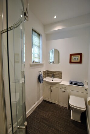 Une salle de bain moderne avec une douche en verre, un lavabo avec un miroir au-dessus, des toilettes et une fenêtre avec des stores.