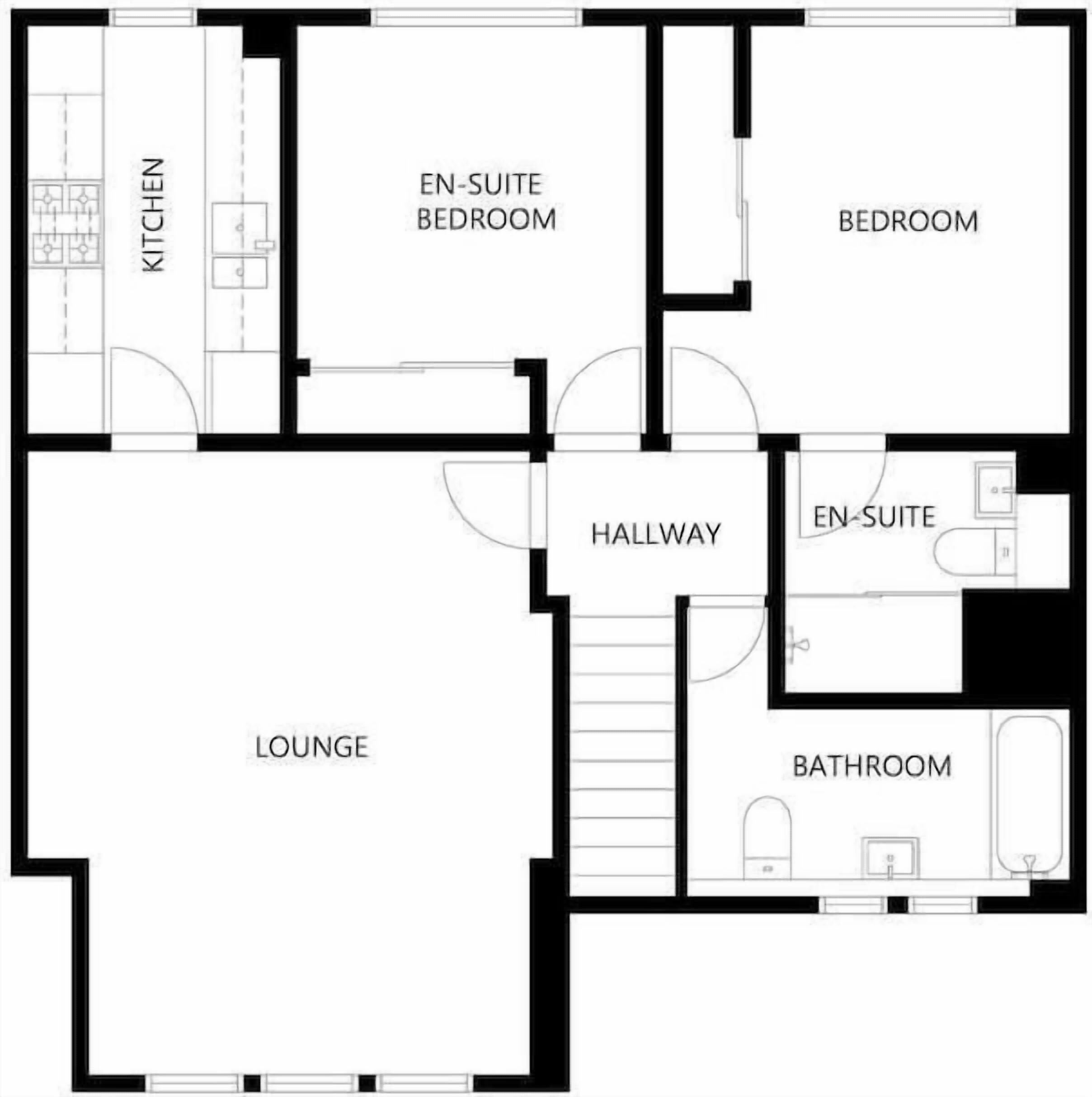 A floor plan with an en-suite bedroom, a standard bedroom, a kitchen, a lounge, a bathroom, and a hallway.