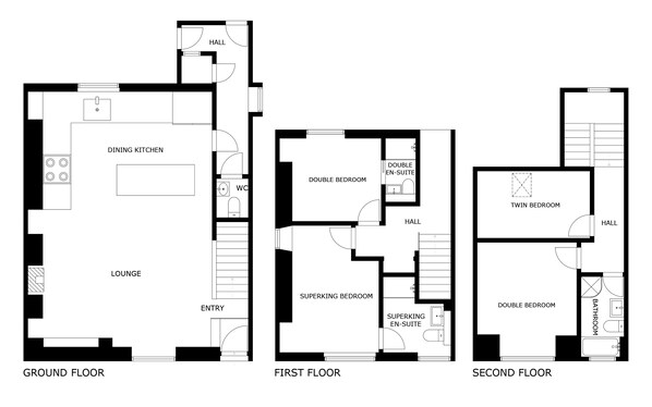 A hotel layout with a ground floor dining kitchen, lounge, and entry, first floor double bedroom, superking bedroom, and twin bedroom, and second floor bathroom.