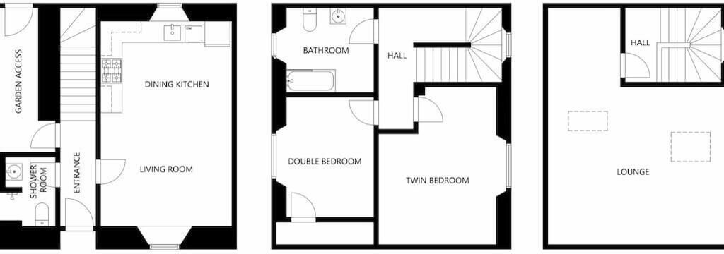 A floor plan with a garden access, shower room, entrance, dining kitchen, living room, double bedroom, twin bedroom, bathroom, and hall.